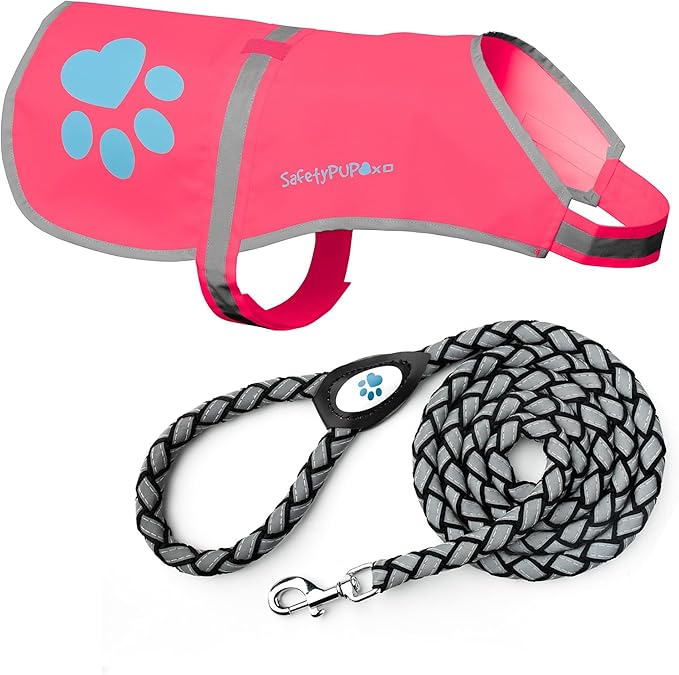 Reflective Dog Vest & Leash – Hi-Vis Pink Vest + 6 Ft Tangle-Free Black Leash for Medium & Large Breeds – Durable, Comfortable, Urban & Rural Use (Medium)