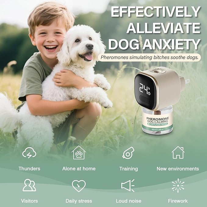 SHANDR Dog Calming Pheromones Diffuser 4 in 1 Appeasing Relaxing Diffuser with Timing Function Pet Kit Anxiety Relief Reduce Aggression Barking Fighting Stress (2 Plug in +2 Refill 48ml)