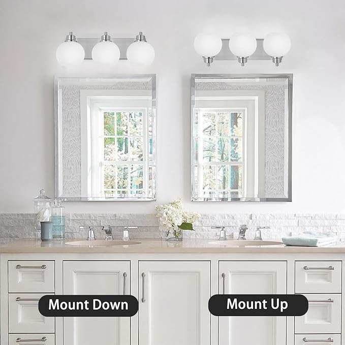 Tuscarora Bathroom Light Fixtures, Brushed Nickel Vanity Light 3 Light with Milk Glass Shade, Over Mirror Lighting for Bathroom