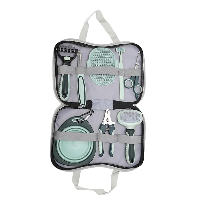 8 Pcs Dog Cat Grooming Kit, Professional Deshedding Bath Brush with Rake Nail Clippers Comb Toothbrush, Portable Storage Bag for Daily Pet Care and Shedding Control