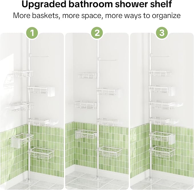 Shower Tension Rod Organizer, 6 Tier Rustproof Corner Shower Caddy Tension Pole with Soap Holder & Hooks, Adjustable 30-121 Inch Bathroom Shelf for Renters - Family Stand Storage Rack, Silver