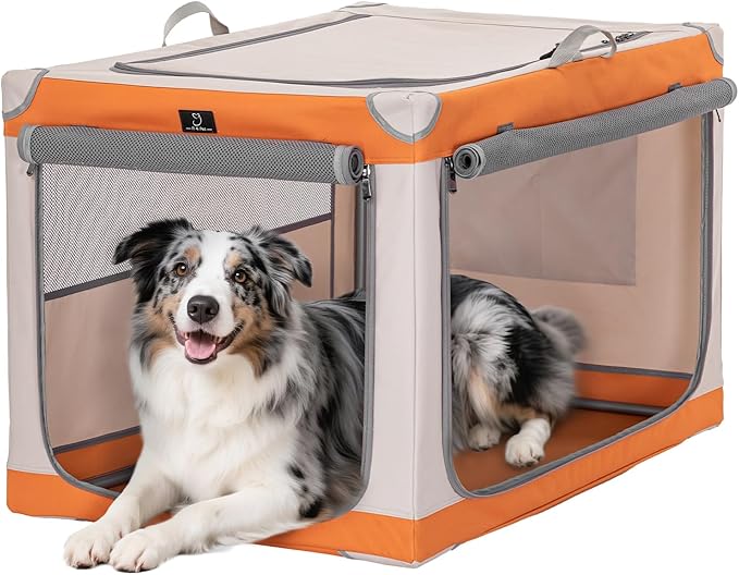 A 4 Pet Soft Dog Crate 36 Inch Mid Portable Collapsible Pet Travel Kennel, 3-Door Soft-Sided Lockable Zippers & Reinforced Steel Frame, Easy Setup, Mesh Panels — Ideal for SUV, Car, Camping & Home Use