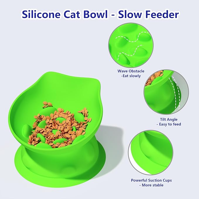 Slow Feed Cat Bowl, Elevated Cat Food Dish with Tilted Design, Dual-Use for Dry and Wet Food, Anti-Vomit, Anti-Choking, Easy to Clean