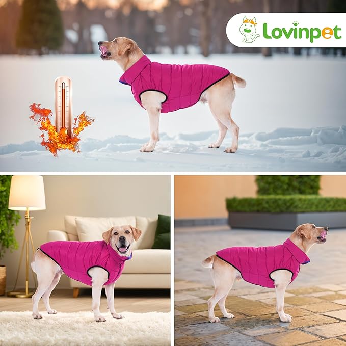 LovinPet Reversible Dog Puffer Coat for Medium & Large Dogs, Down‑Insulated Winter Jacket, Water‑Resistant & Wind‑Resistant, Anti‑Static, Dual-Sided Blue & Red for Cold Weather, 3XL