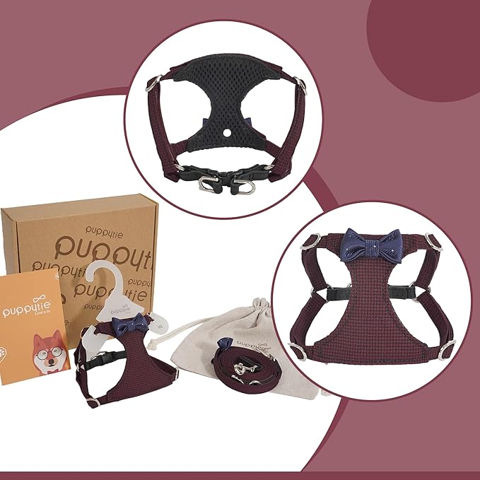 Puppytie No Pull Dog Harness with Multifunction Dog Leash,Soft Adjustable No Choke Escape Proof Pet Harness Vest for Medium Dogs,Plaid deep red,M