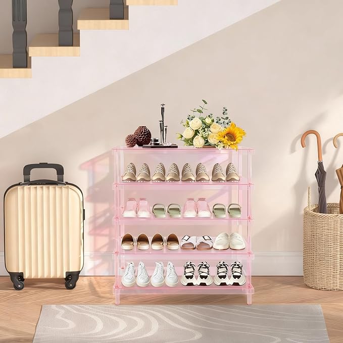 5-Tier Acrylic Shoe Rack in Clear Pink, 22 lbs per Shelf, 5mm Thick Modern Shoe Organizer for Entryway, Living Room, Closet Storage (Pink)