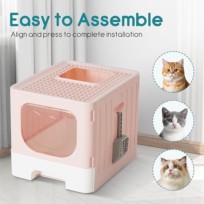 Cat Litter Box with Scoop, Large Foldable Litter Box with Lid & Drawer Tray, Front Visible Entry Top Exit Kitty Box, Odor Control, Easy to Clean