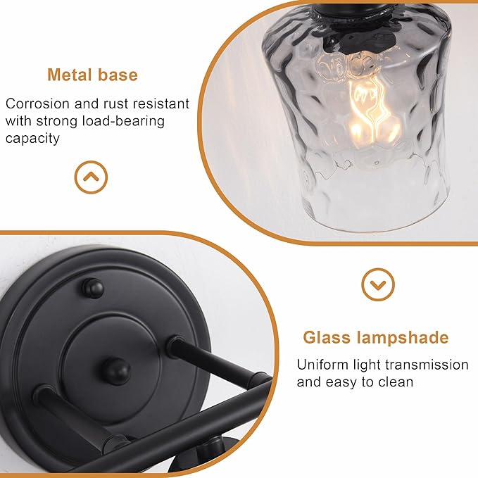 3-Light Bathroom Light Fixtures, Matte Black Vanity Light with Grey Glass Shade, Modern E26 Bathroom Wall Light for Over Mirror, Kitchen, Hallway, Cabinet, Porch, Bedroom