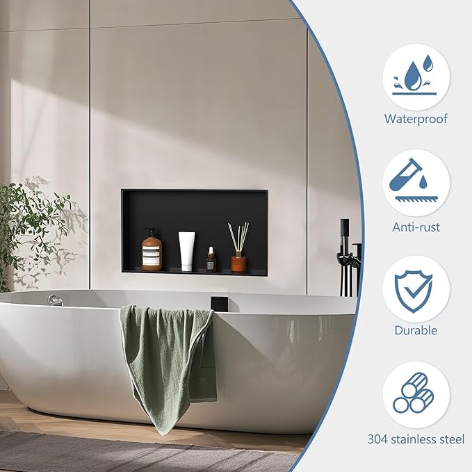Homevacious Shower Niche 16 x 24 Inch Stainless Steel No Tile Needed Matte Black Bathroom Shelf Rimless Recessed Wall Niche for Bathroom Storage