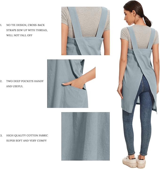 Women Apron with 2 Pockets Cotton Linen Kitchen Baking Cooking Chef Cross Back Pinafore Dress