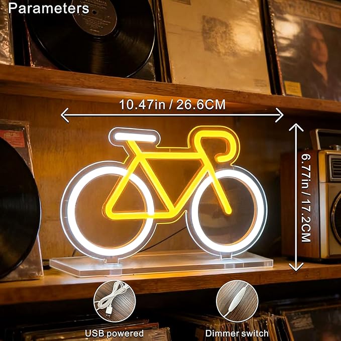 Bicycle Neon Sign Night Light - USB Powered Desk Lamp with 9-Level Brightness, Safe Soft Silicone LED Mood Lighting for Room Decor & Home Decor,Bedroom, Office，Aesthetic Gift for Cyclists & Home Decor Enthusiasts