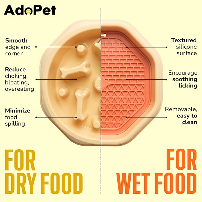 Slow Feeder Dog Bowl with Silicone Lick Mat, Non-Slip Dual Feeding Station for Medium & Large Dogs, Slow Eating Bowl to Help Reduce Fast Eating, Removable Lick Pad (Yellow)