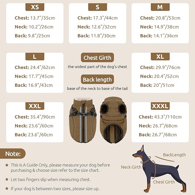 Dog Winter Coat with Harness Built in Warm Puffer Dog Jackets for Small Medium Large Dogs Windproof Waterproof Outfit with Plush Lining and Reflective Stripes (Brown, L)