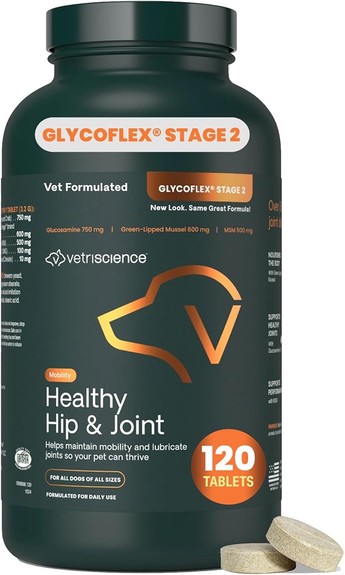 VetriScience Healthy Hip & Joint Chewable Tablets, GlycoFlex Glucosamine and Green-Lipped Mussel Joint Support Supplement for Dogs, Promote Mobility and Protect Joints, Chicken, 120 Count