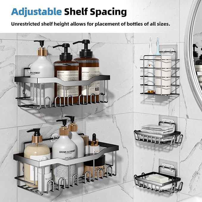 Adhesive Shower Caddy, Rustproof Stainless Steel Bathroom Organizer, Black, 5 Piece Set with 2 Shower Caddies, 2 Soap Holders, 1 Toothbrush Holder