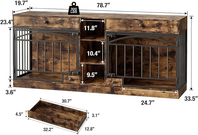 GarveeHome Dog Crate Furniture for 2 Dogs, Dog Kennel Indoor with Storage and Feeding Bowls, Double Dog Crate TV Stand for Small Medium Dogs, Brown