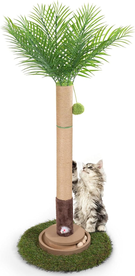 Cat Scratching Post, 35 Inch Tall Cat Scratcher Cat Tree Tower with Hanging Ball for Indoor Cats Adults,Sisal Rope Kitten Scratch with Interactive Mouse Cat Toy (41in, Areca Palm)