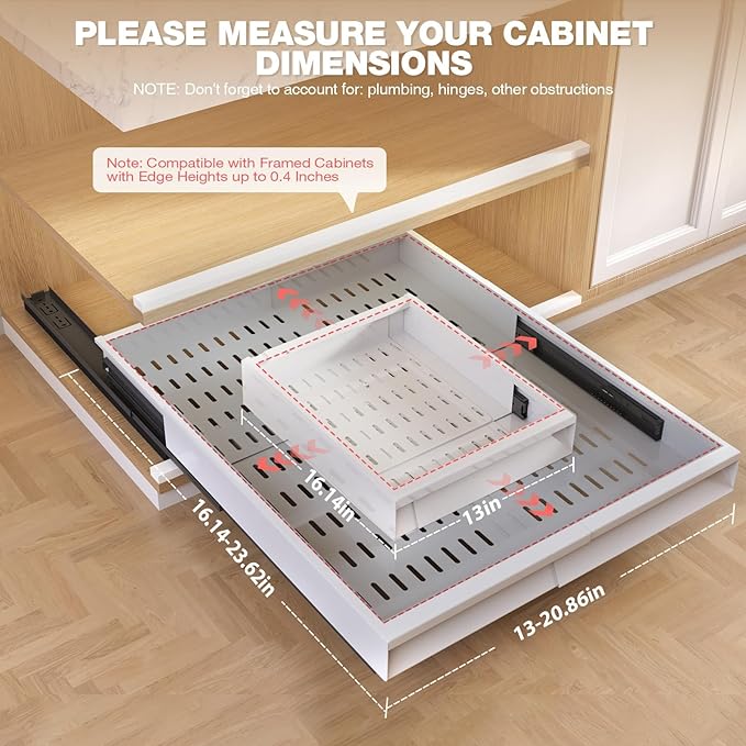 2 Pack Pull Out Cabinet Organizer With Raising Pad for Framed Cabinets,Expandable Width (13"-21") and Depth (17"-24"),3 Slide Rails Slide Out Drawers with Handle,No-Drill Roll Out Shelf,White