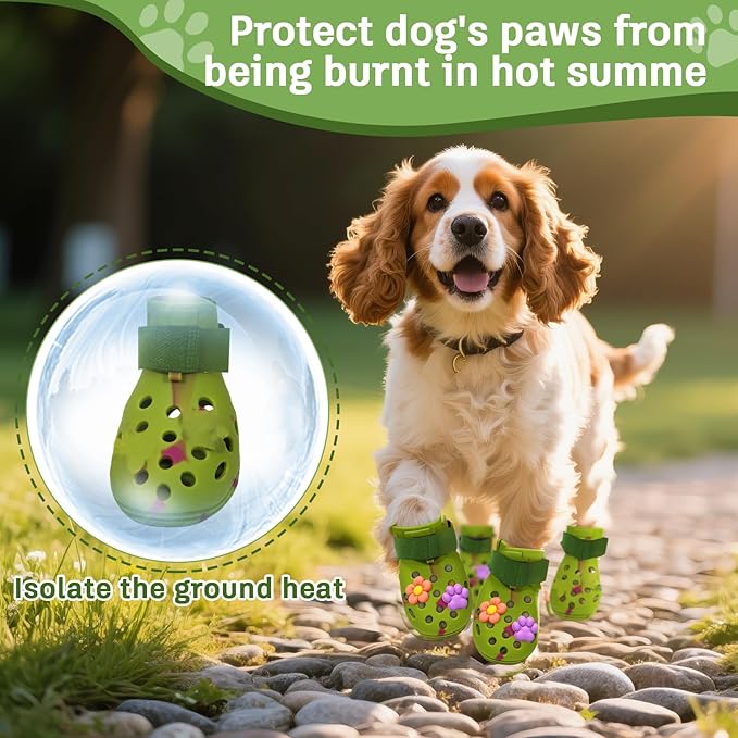 Dog Shoes for Hot Pavement, Adjustable Magic Tape Boots for Small, Medium & Large Dogs, Anti-Slip, Easy to Clean Paw Protectors for Beach, Outdoor & Hot Weather (Green M)