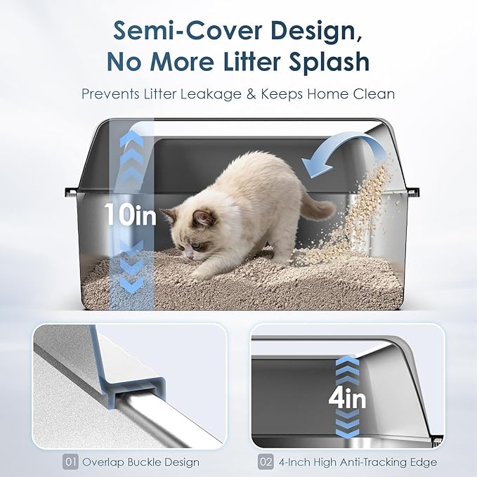 17.3"x13.4"x15" Stainless Steel Cat Litter Box with Lid, 6" High Kitty Litter Box for Kittens & Small Pets, Semi-Enclosed Metal Litter Box for Leak Proof, Easy-Clean Non-Stick, Odor Control