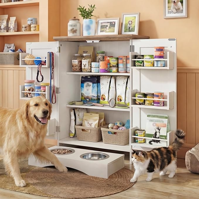 Pet Food Storage Cabinet with Bowls, Dog Food Feeding Station with Storage, Dog Food Cabinet with Adjustable Shelves, Hooks, Letter Stickers, Pet Organizer and Storage for Cat/Dog, White&Oak