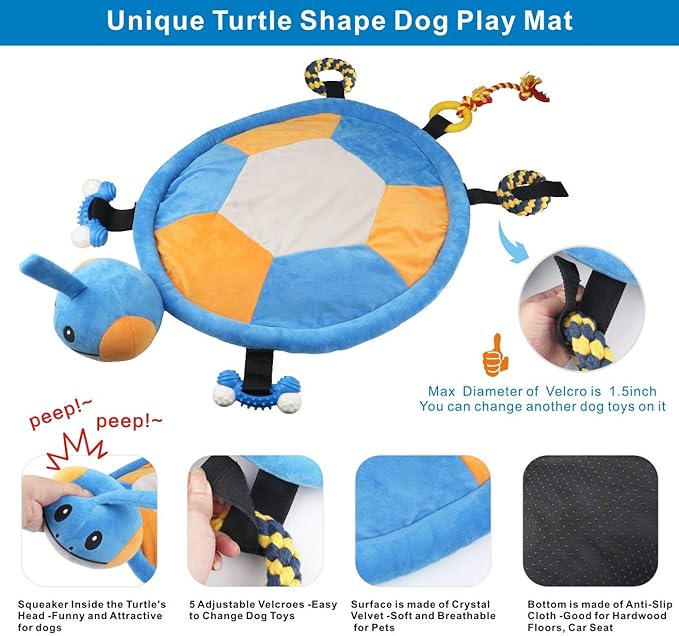 Idepet Dog Play Mat,Puppy Toy Mat with Chew Toys Multiple Dog Puzzle Interactive Toy Pet Playing Mat for Small Medium Dogs Cats,All-in-One (Turtle)