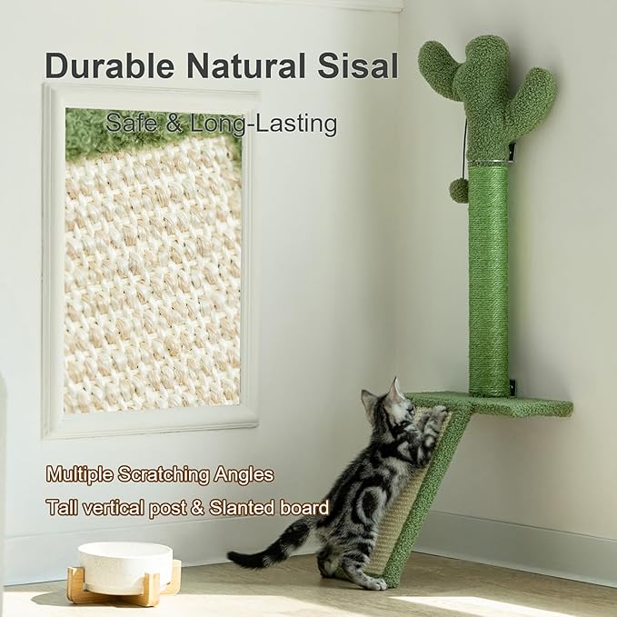 Wall Mounted Cat Scratcher with Jump Platform – Tall, Stable Cat Wall Furniture with Sisal Post for Climbing and Scratching – Cactus Design for Indoor Cats