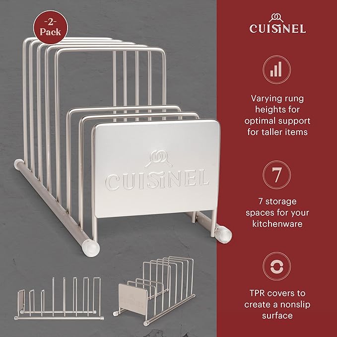 Cuisinel Lid and Dish Organizer Rack - 2-Pack Satin Nickel Kitchen Storage Organization Stand - Plate Holder, Pan/Pot Covers, Cutting Board and Cookie Sheet Divider - 7-Tier Cabinet/Counter Display