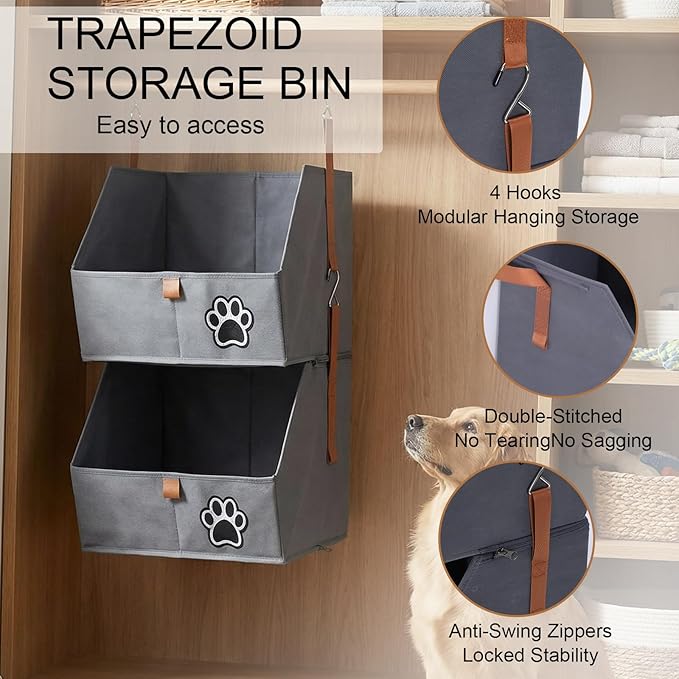 2-Tier Dog Shelves Storage Organizer, Dog Toy Basket, Hanging Closet Organizer for Pet, Fabric Storage Bins Dog Cabinet, Collapsible Baskets for Dog Toys,Colloar,Clothes,Blanket -Grey
