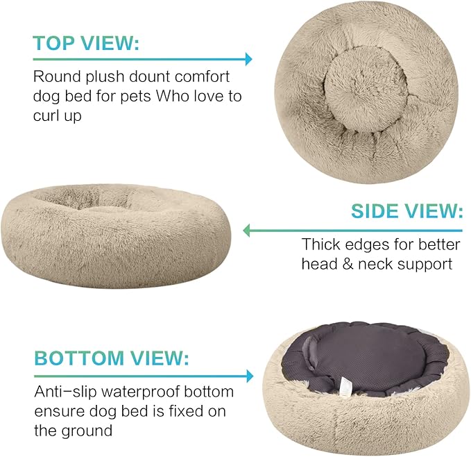 SAVFOX 45 inches Calming Donut Dog Bed - 3X Durable Plush Faux Fur, Machine Washable & Non-Slip, Fits up to 150 lbs, Beige