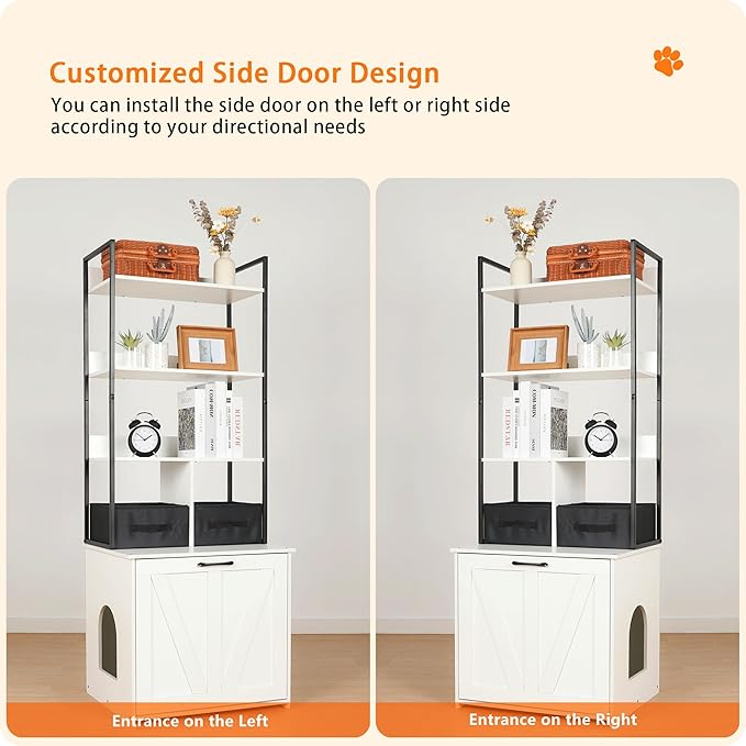 DWANTON Litter Box Enclosure with 3 Storage Shelves and 2 Drawers, 2-in-1 Hidden Cat Litter Box Enclosure Furniture with Shelf, Reversible Entrance, Washable Drawers, 61.8-Inch, White