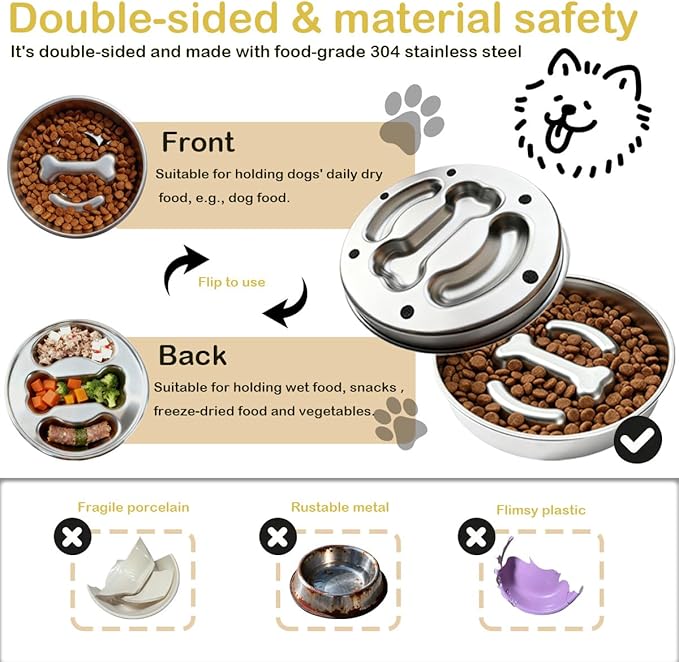 Medium Stainless Steel Slow Feeder Pet Bowls-Non-Slip Stainless Steel Bowl,4-Cup Capacity Slow Feeder to Prevent Indigestion,Dishwasher Safe,Comes with Spatula & Pastry Brush (Bone)