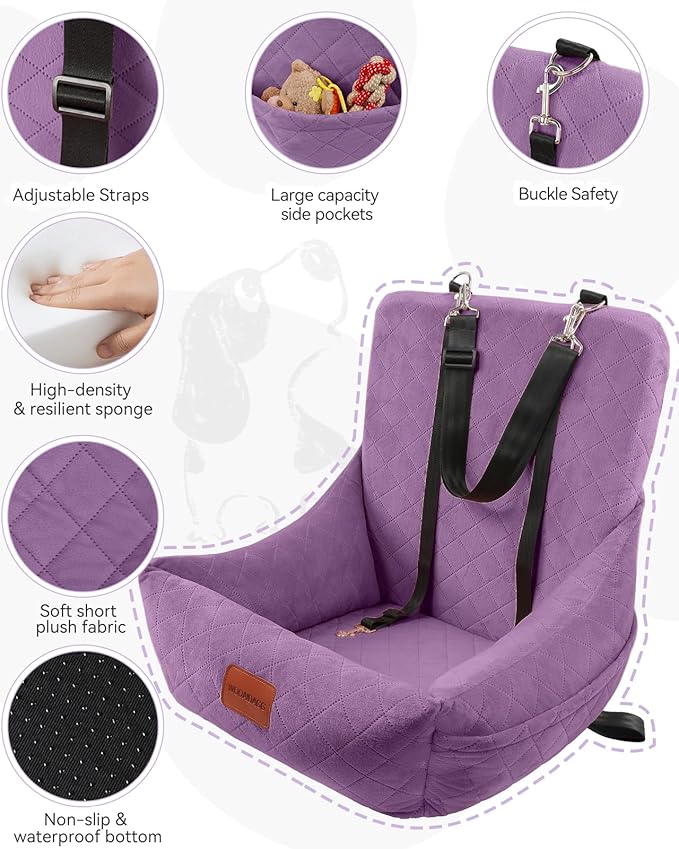 Dog Car Seat,Pet Booste Bed with Seatbelt,Washable Dog Car Travel Bed Easy to Assemble, Clip-On Safety Leash and Storage Pocket (Purple)