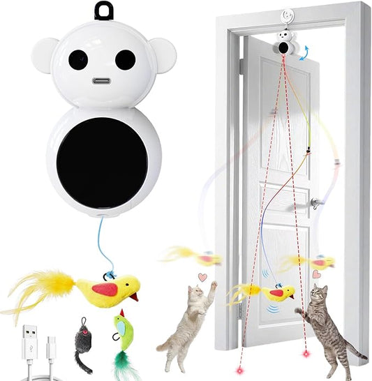 Interactive Cat Toys for Indoor Cats - 2 in 1 Automatic Laser Pointer Cat Toy with Flying Bird，Smart Moving Wand Toy with 2 Modes, Doorway Hanging Toys Safe for Bored Kitten & Adult Cats