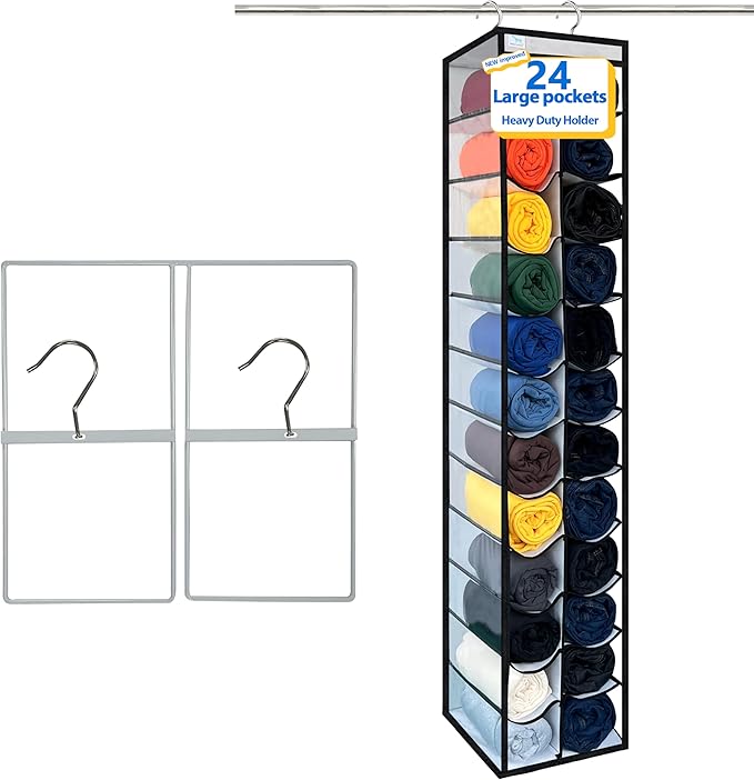 Closet Organization, 24 Section Hanging Closet Organizer, Space Saving, College Dorm Essentials, Heavy Duty Hooks Up to 45 Pounds, White/Black