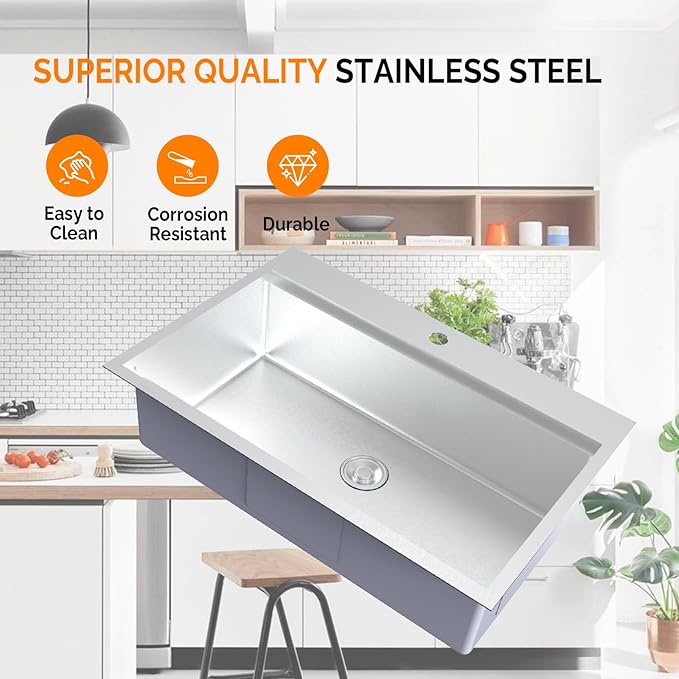 ROVSUN 33 Inch Stainless Steel Drop In, Kitchen Utility Sink, Workstation Deep Single Bowl, Integrated Ledge Multifunctional Workstation Sink Set,Silver