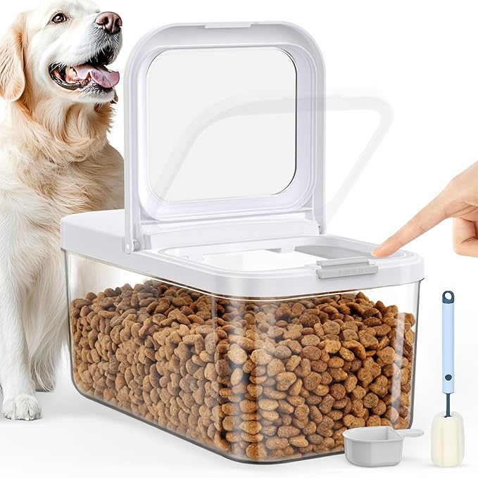 6 Lbs Airtight Dog Cat Food Storage Container and Dog Treat Containers BPA-Free, PET Clear Stackable Pet Storage Bin, 1-Cup Scoop, 1-Sponge cleaning brush, Pop Top, With handle, Easy Mobility