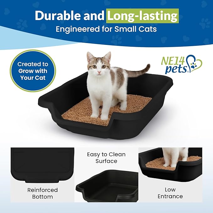 KittyGoHere Senior Cat Litter Box, Small Litter pan with Long-Handle Jumbo Scoop, Open Top Low Entrance Kitty Litters Box, Lightweight Low Entry Litter Box, Durable, Made in USA (2 Pack - Black)