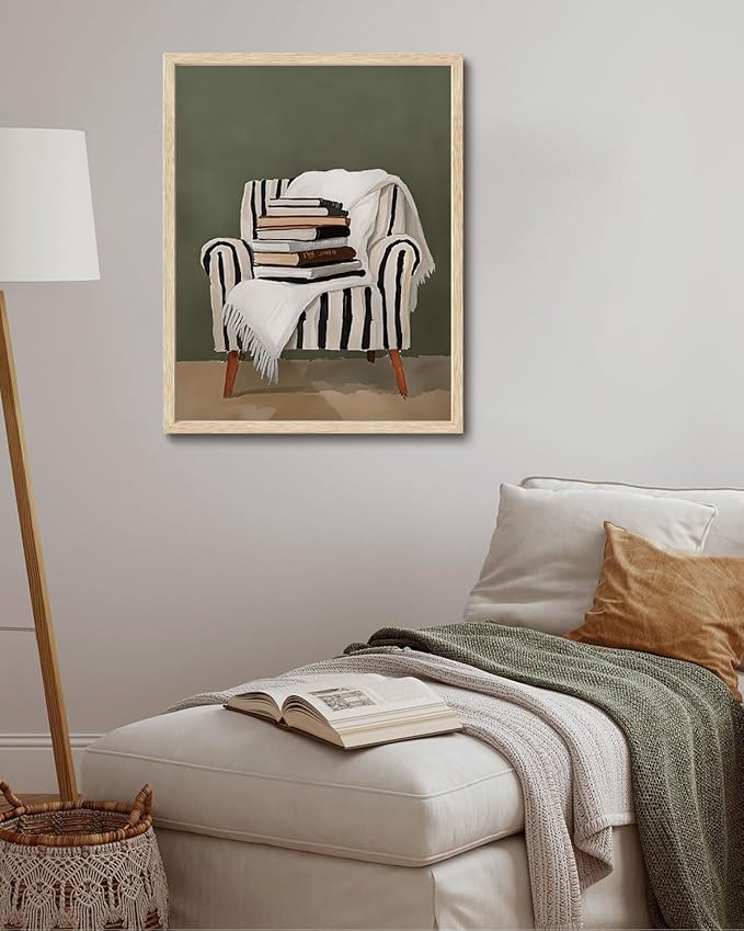 XJYISUO Framed Wall Art Cozy Books Canvas Art Modern Reading Pictures Wall Decor Farmhouse Paintings Neutral Artwork For Living Room Bedroom Study