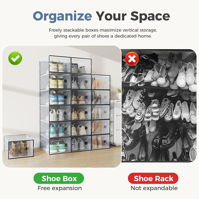 DUMOS Clear Shoe Storage Boxes, 15-Pack Plastic Stackable Shoe Containers with Lids, Display Sneaker Case Organizer for Closet, Under Bed, Entryway,Black (Fit Size 11)