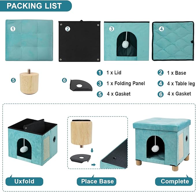BRIAN & DANY Foldable Cat House, Cat Cave, Cat Cube with Scratch Board & Ball, 12.5" x 14.5” x 14.1”, Green