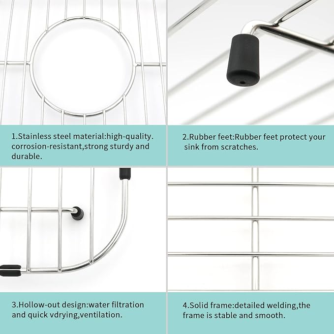 Kitchen Sink Grid 11-3/4" x 12-1/4"- Heavy Duty Kitchen Sink Protector with Built-in Strainer & Rear Drain, Non-Slip Rubber Feet & Scratch Resistant Bottom Guard