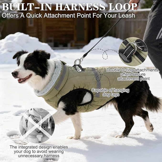 EXPAWLORER Dog Winter Coat Jacket, Thick Warm Waterproof Reflective Puppy Snowsuit With Harness Buit In, Pet Fleece Vest Soft Turtleneck With Zipper Cold Weather For Small Medium Large Dogs - Green, L