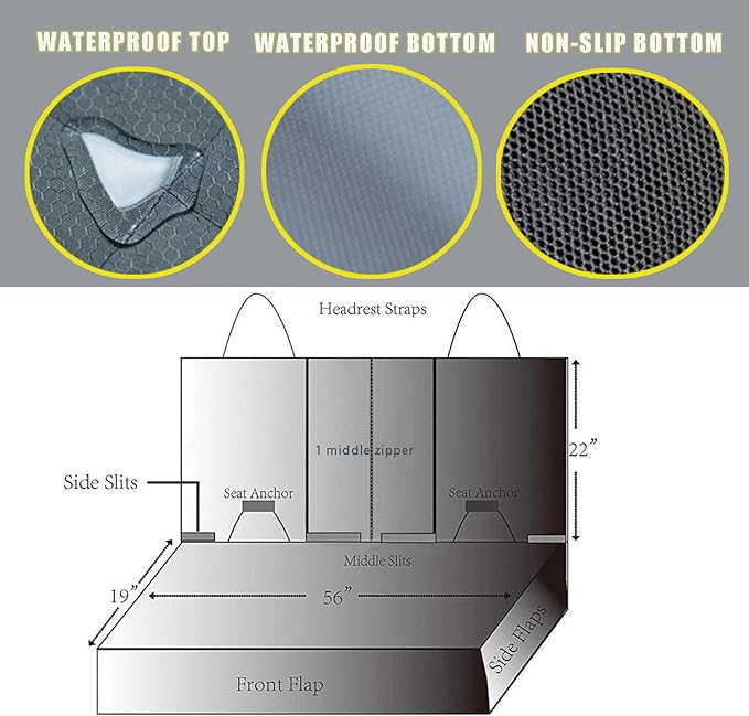 Dog Car Seat Cover, Deluxe Waterproof Pet Back Carseat Protector for Cars, SUVs, Trucks, Nonslip and Easy Cleanup Backseat Pet Cover for Automotive Rear Bench (Grey)