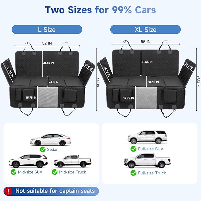 Dog Car Seat Cover for Back Seat Waterproof Oxford Fabric, Hard Bottom Back Seat Extender for Dogs Scratchproof, Dog Hammock for Car with Mesh Window, Fit Most Cars Small Trucks, Black