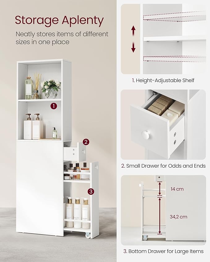 VASAGLE Slim Bathroom Storage Cabinet, Narrow Freestanding Cabinet with Storage Drawers and Adjustable Shelf, for Small Spaces, Modern Style, Cloud White UBBK567T14S | Narrow, Freestanding, Storage Drawers, Adjustable Shelf, Modern Style