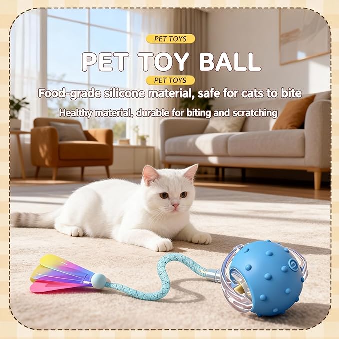 2-Pack Interactive Cat Toys for Indoor Cats with 6 Tails - Automatic Moving & Chirping Balls, Self Play Toy for Playful Kittens & Bored Cats Home Alone (Red+Blue)