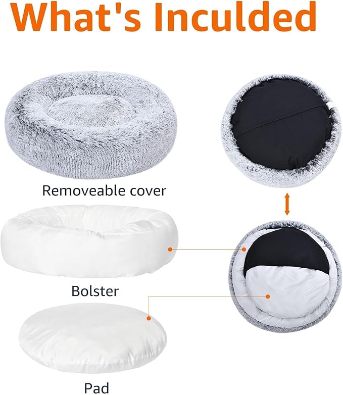 Amazon Basics Donut Pet Bolster Faux Fur Bed for Dog, Grey, 36" x 36"