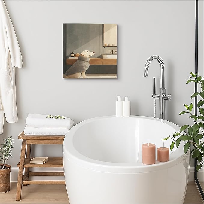 Cozy Dog Canvas Wall Art, Beige Gray Minimalistic Animal Decor, Autumn Aesthetic Home Decoration for Living Room, Bedroom, Bathroom, Wrapped Canvas 12x12 Inch
