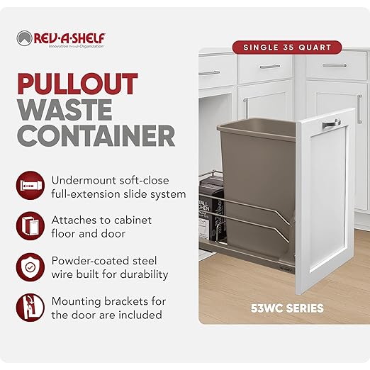 Rev-A-Shelf Pullout Trash Can for Under Kitchen Cabinets 35 Quart 8.75 Gallon with Soft-Close Slides and Rear Storage, Champagne, 53WC-1535SCDM-112